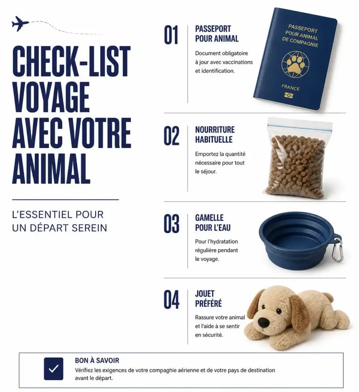 Infographie des indispensables pour préparer sereinement le départ en vacances de votre animal